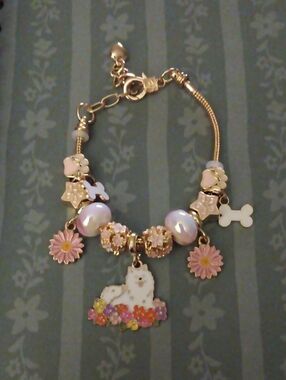 Gold-tone Pet Charm Bracelet with Pink Flower and White Dog Pendant